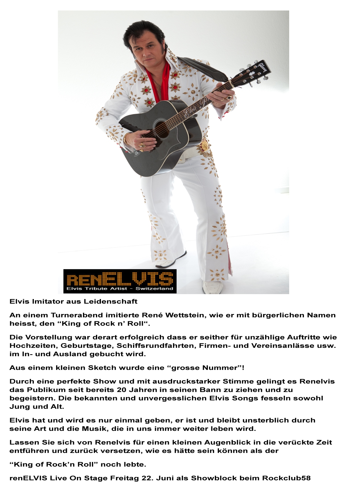 renELVIS Live on Stage Freitag 22. Juni als Showblock beim Rockclub 58