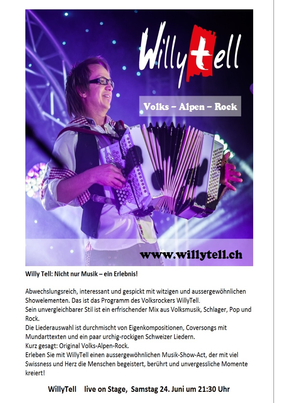 WILLY TELL LIVE ON STAGE SAMSTAG 24. JUNI 21:30 UHR